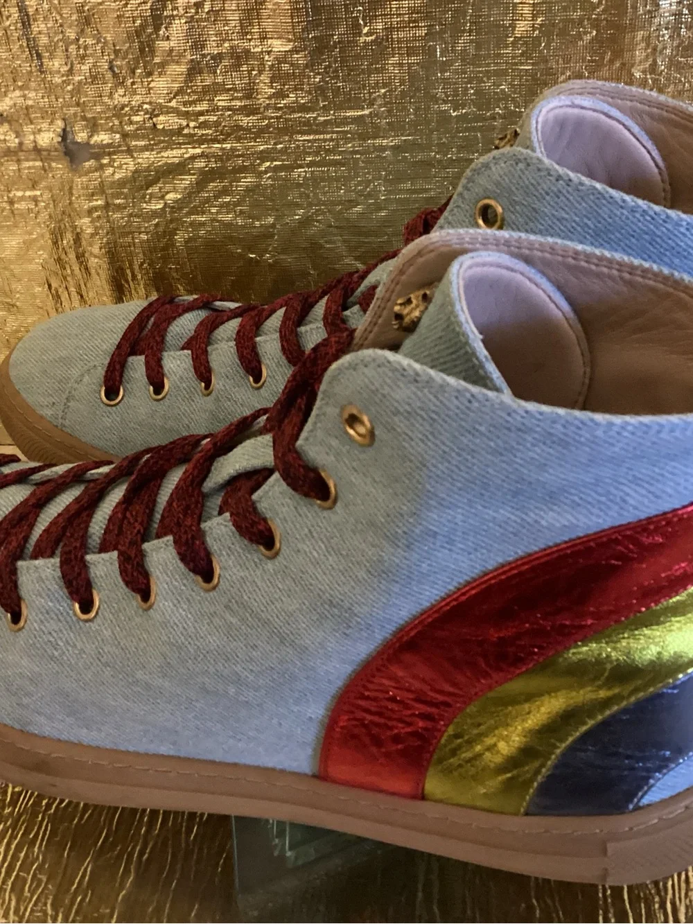 Gucci Light Blue Denim High-Top Sneakers with Red, Gold, Silver Accents